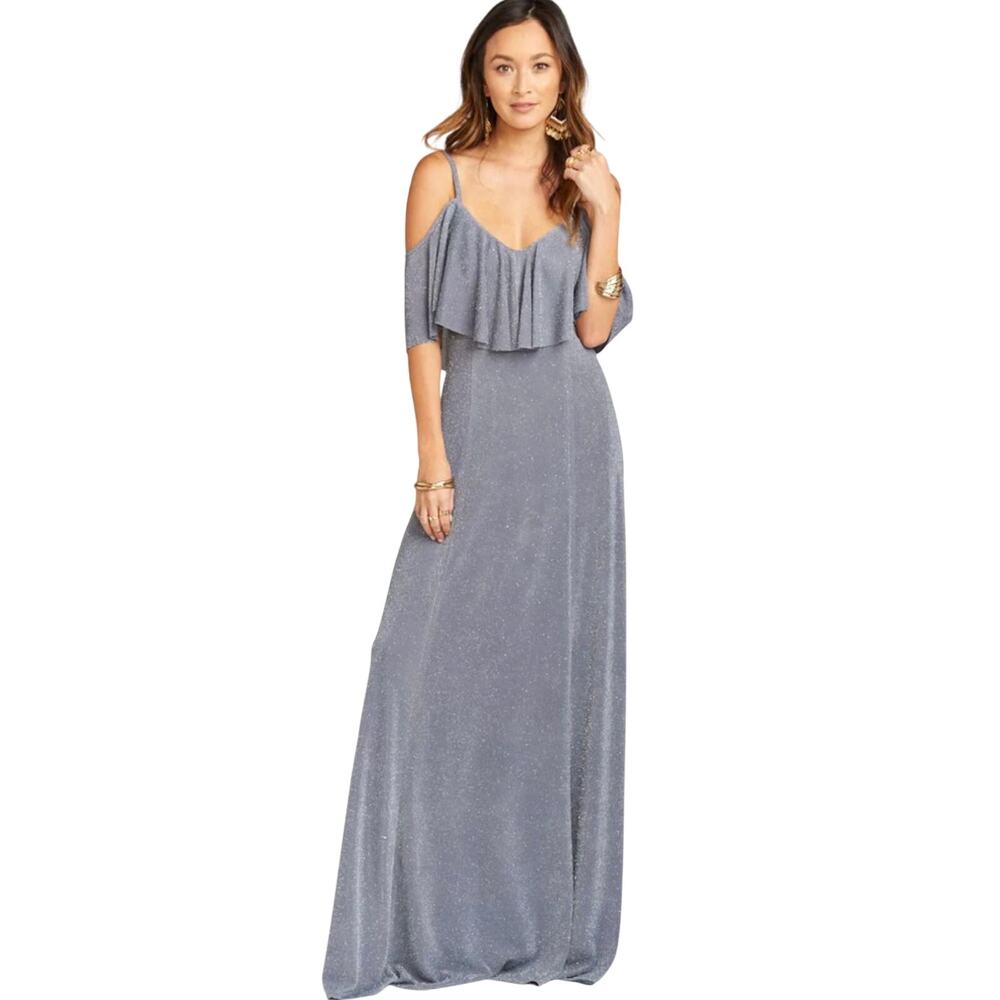 NWT Show Me Your Mumu Renee Ruffle Maxi Dress Shine Smoke Size Small